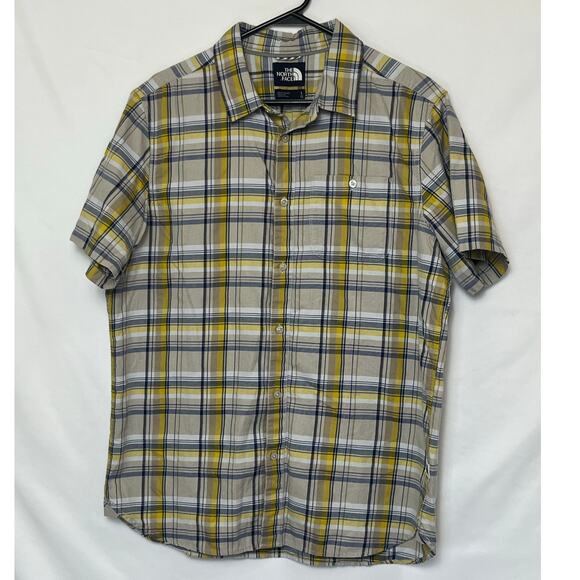 The North Face Men’s L Yellow Blue Plaid Short Sleeve Button Up Outdoor Shirt - Picture 1 of 7